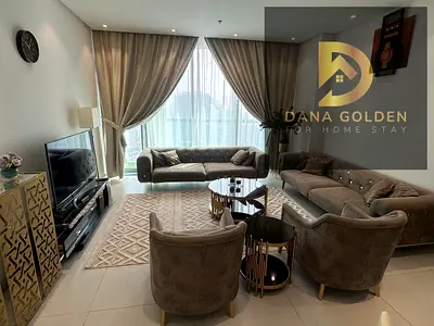 Two bedrooms, a living room, three bathrooms, and a balcony, fully furnished with internet, for monthly rent in Sharjah/Al Mamzar.