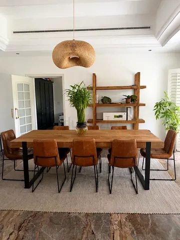 Solid Wood Dining Table with 8 Leather Chairs and Matching Shelf - Rustic Modern