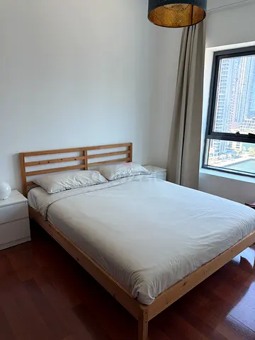 Solid Wood Double Bed Frame with Slatted Headboard (Ikea-style)