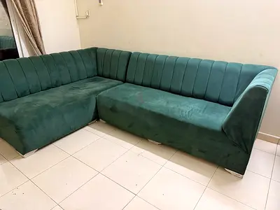 URGENT CLEARENCE - Green L-shaped Velvet Corner Sofa - Good Condition -First come First Serve