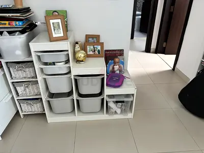 IKEA-style white modular storage unit with bins (set of 2) - good condition