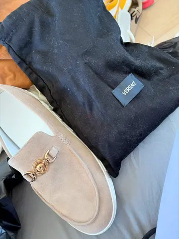 Versace beige suede womens loafers with medusa hardware - size 10uk Eur 44