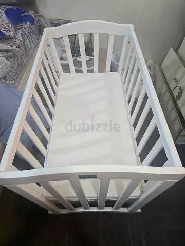 White Wooden Baby Crib — Solid Slatted Cot in Good Condition