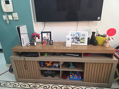 Wooden TV Entertainment Unit with Storage Shelves - Good Condition