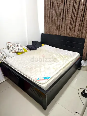 Dark Wood King Bed Frame with Mattress - Good Condition