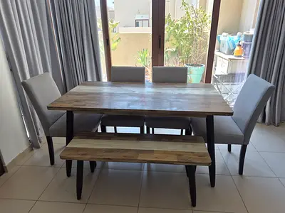 6-Seater Dining Table Set with Bench and Upholstered Chairs - Light Wood
