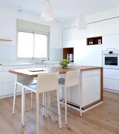 White modern kitchen island with wooden countertop