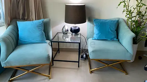 A unique seating area - a pair of comfortable armchairs, sky-blue velvet, with a golden X-shaped bas