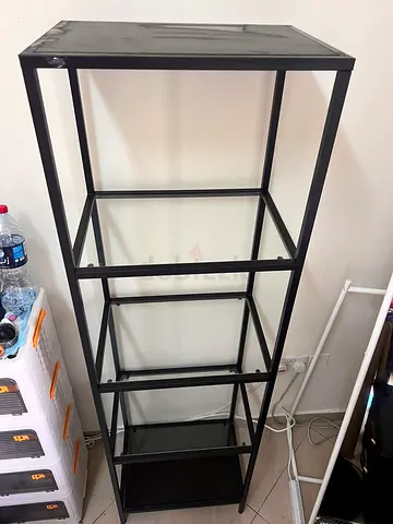 IKEA black metal shelving unit with glass shelves - good condition