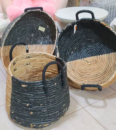 Set of 3 Handwoven Seagrass Storage Baskets - Black  Natural