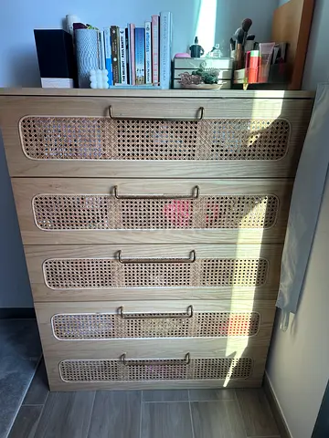 Solid Wood Dresser with Rattan Drawer Fronts - Light Oak Finish