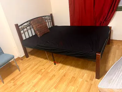 Metal and Wood Double Bed Frame with Mattress (Good Condition) and 3 door big cupboard for immediate
