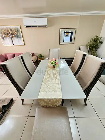 Glass Top Dining Table with 8 Upholstered Chairs - Beige/White