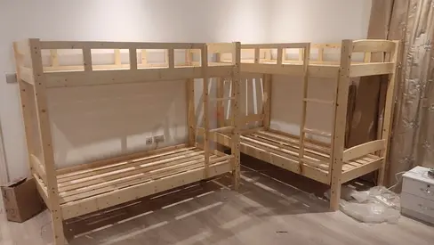 L-shaped Pine Wooden Bunk Bed Frame (Fits Two Single Mattresses)