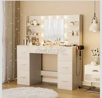 Elegant White Dressing Table with Soft Stool