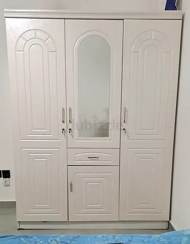 White 3-Door Wardrobe with Mirror and Bed (Mattress included)  - Good Condition