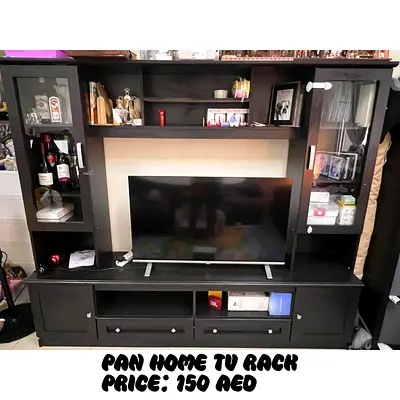 Black Wooden TV Entertainment Unit with Shelves and Cabinets - Pan Home