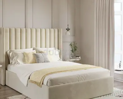 King-size upholstered bed with tall channel-tufted headboard - cream