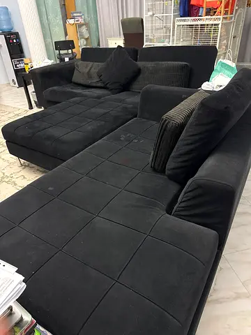 Black L-shaped Fabric Sofa — Good Condition