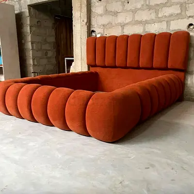 Low-profile tufted orange velvet bed frame (double/queen)