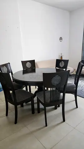 Dark Wood Round Dining Table with 6 Chairs - Good Condition