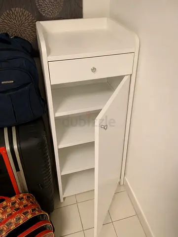 ***Ultra low price 30 AED*** Slim white wooden storage cabinet with drawer and shelves