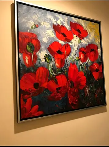 Framed Red Poppies Oil-Style Canvas Painting (Wall Art)