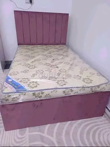 Single Bed Frame with Mattress — Pink Upholstered, Good Condition