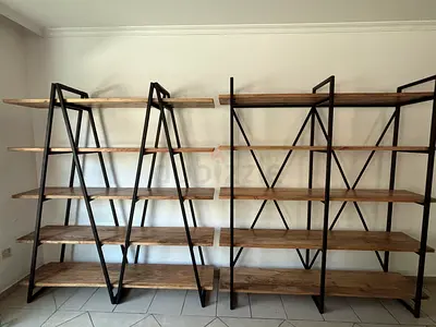 Set of 2 Industrial Wooden Shelving Units with Metal Frame - Solid Rustic Look