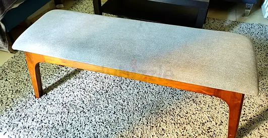 Mid-century Wooden Bench with Light Grey Upholstery