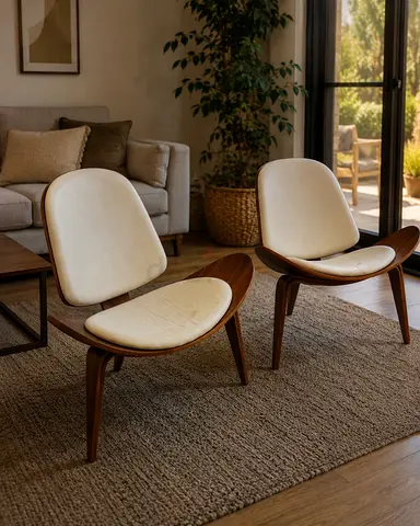 Pair of Mid-Century Modern Walnut Lounge Chairs with Cream Upholstery