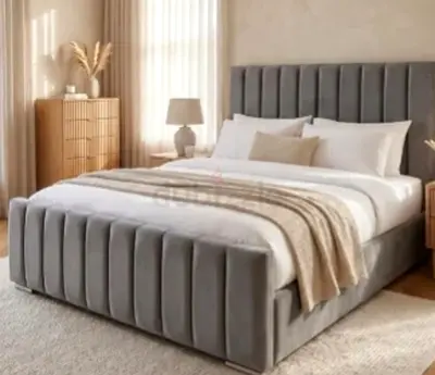Grey Velvet Upholstered King Bed with Padded Headboard
