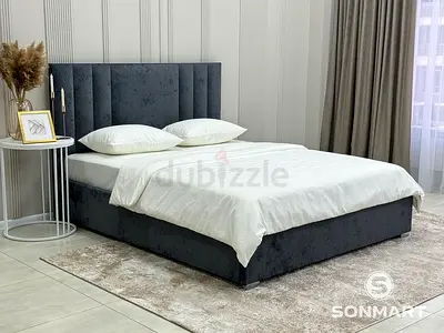 King Size Upholstered Platform Bed with Padded Headboard - Dark Grey