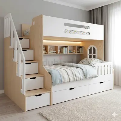 Wooden bunk bed with storage stairs and drawers — twin over twin, like new