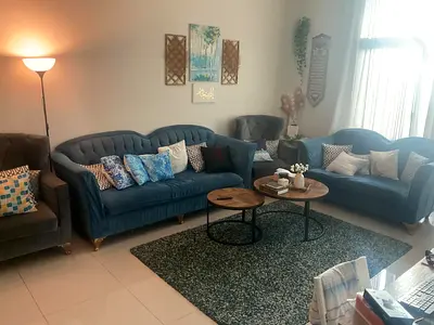Blue Sofa set 5+ 2 Arm Chairs in Good condition with Carpet Free