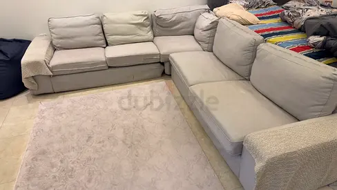 Light grey L-shaped fabric sofa - comfortable sectional, good condition
