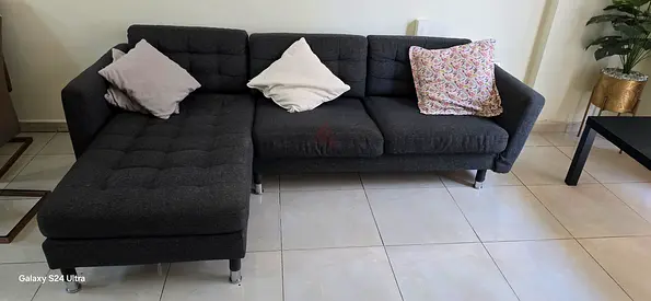 Dark Grey L-Shaped Fabric Sofa - Good Condition