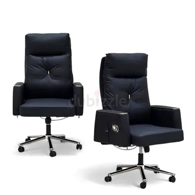 Black Leather Executive Office Chair — Adjustable Swivel with Armrests