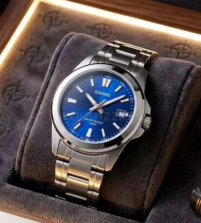 Casio Stainless Steel Mens Watch - Blue Dial, Date, 100M Water Resistant
