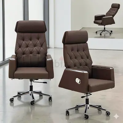 Brown High-Back Leather Office Chair with Headrest and Wheels