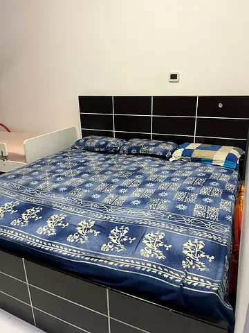 Dark Wood Double Bed with Storage and Headboard — Good Condition