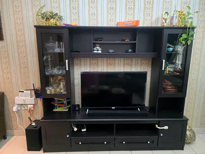 Dark Wood Entertainment TV Unit with Display Cabinets - Good Condition