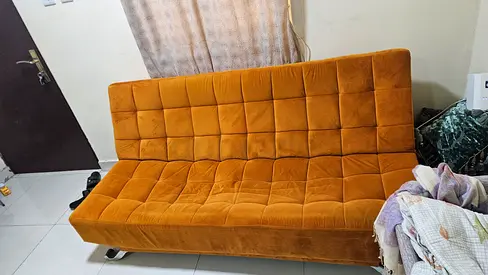Mustard Velvet Sofa Bed / Convertible Futon - Good Condition