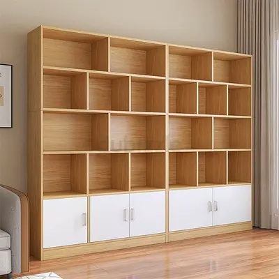 Large Wooden Bookcase with Lower Closed Cabinets – Light Oak Finish