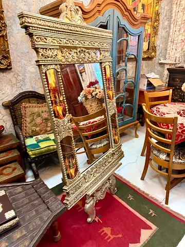 Large Ornate Full-Length Standing Mirror with Carved Gold Frame