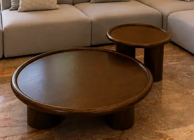 Set of 2 Round Solid Wood Coffee Tables - Low Modern Design