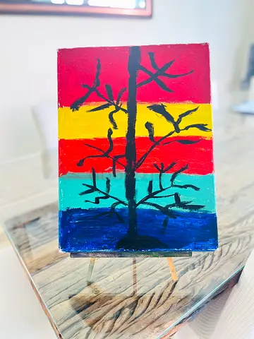 Hand-painted Small Canvas with Colorful Striped Background and Silhouette Tree