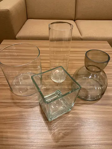 Set of 4 Clear Glass Vases - Various Shapes and Sizes