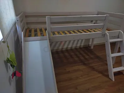 White Wooden Kids Loft Flexa Bed with Slide and Ladder - Good Condition