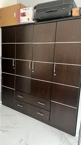 Dark Wood 4-Door Wardrobe with Drawers - Good Condition